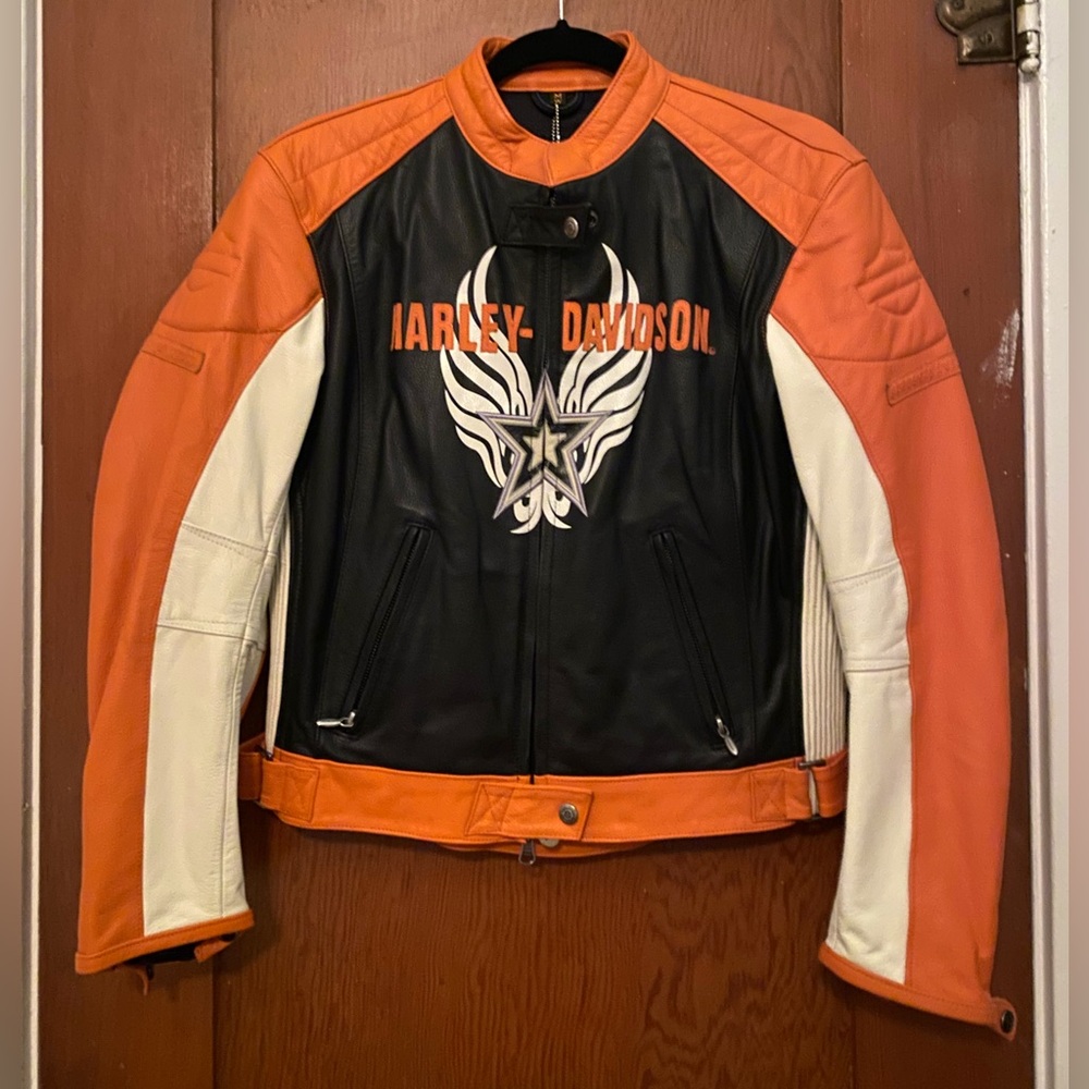 Harley Davidson Women’s Rapid City  Orange Black Star Racing Leather Jacket
